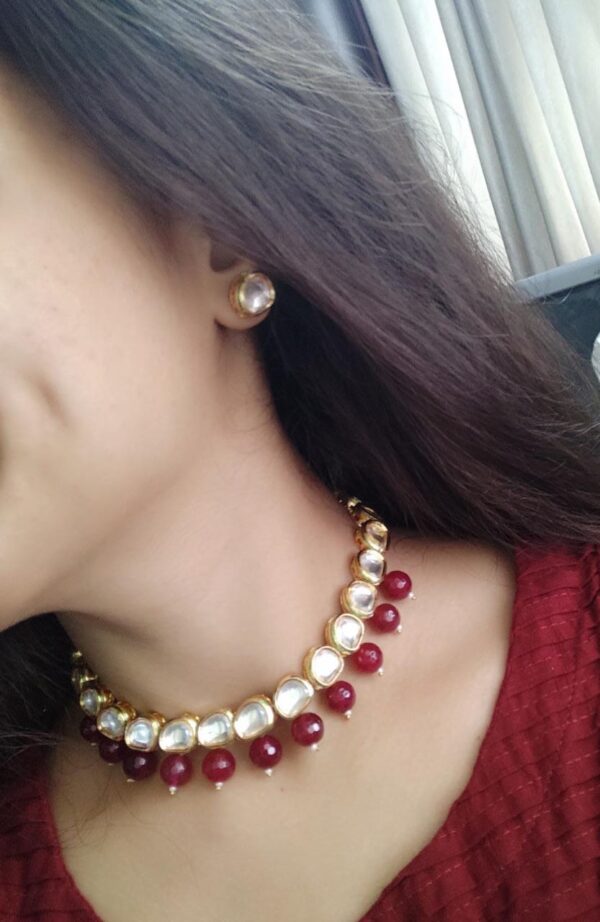 Gold Plated Red Drop Kundan Choker Necklace - Abdesignsjewellery