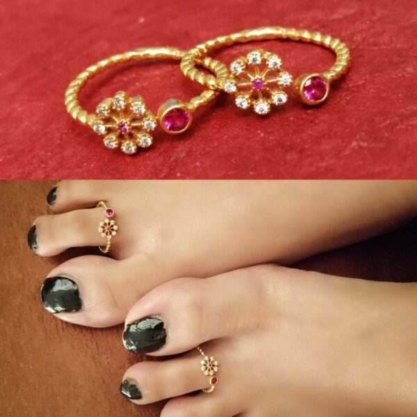 Gold Plated Pink Floral AD Stone Toe Rings - Abdesignsjewellery